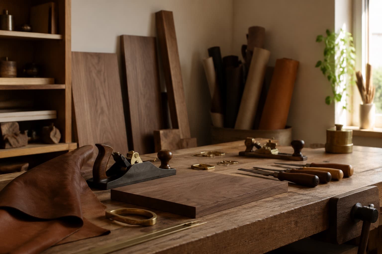 A woodworking and leather workshop bench with hand tools, walnut offcuts, and brass fittings