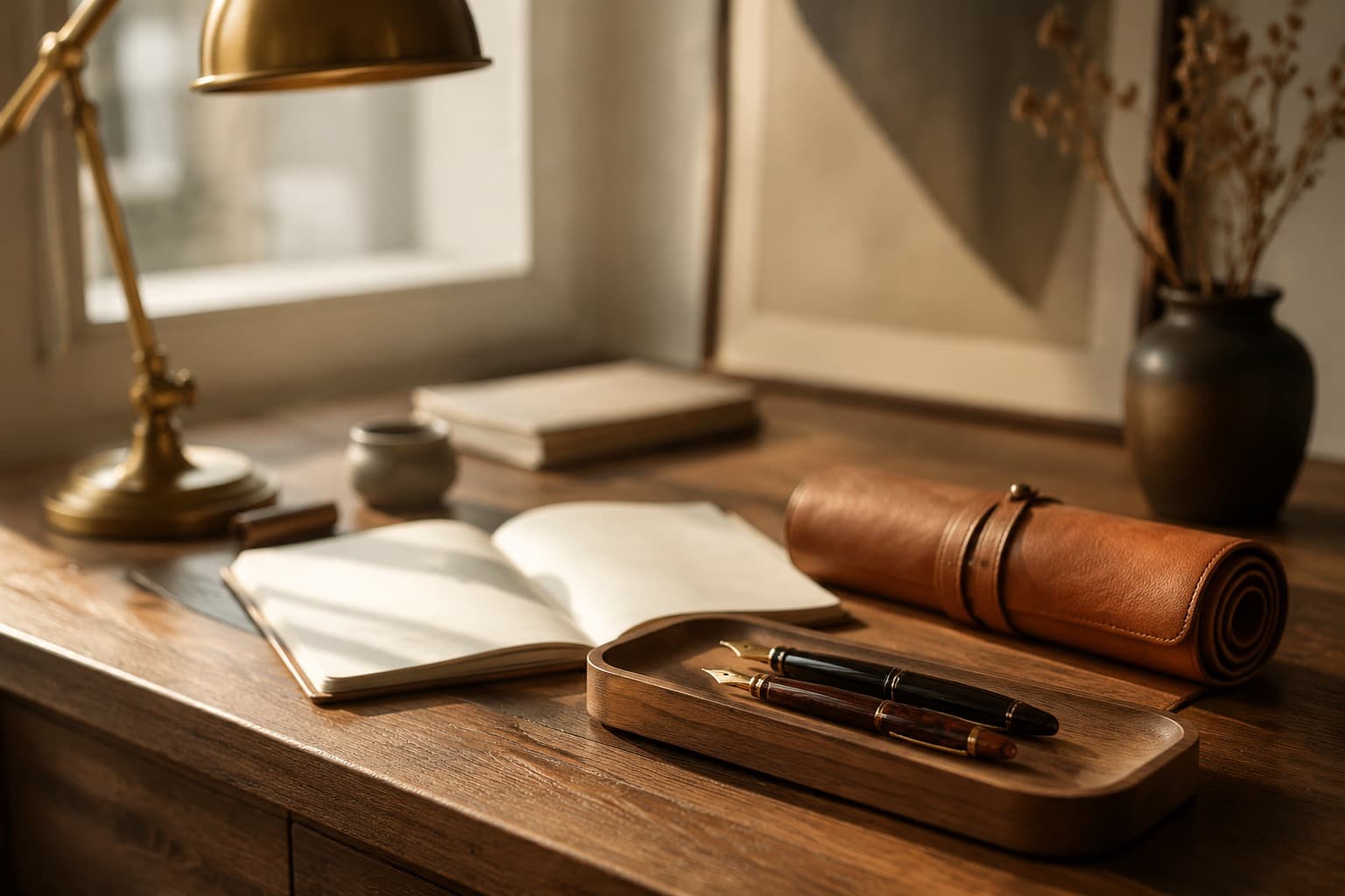 A walnut pen tray and leather pen roll on a writing desk in warm light