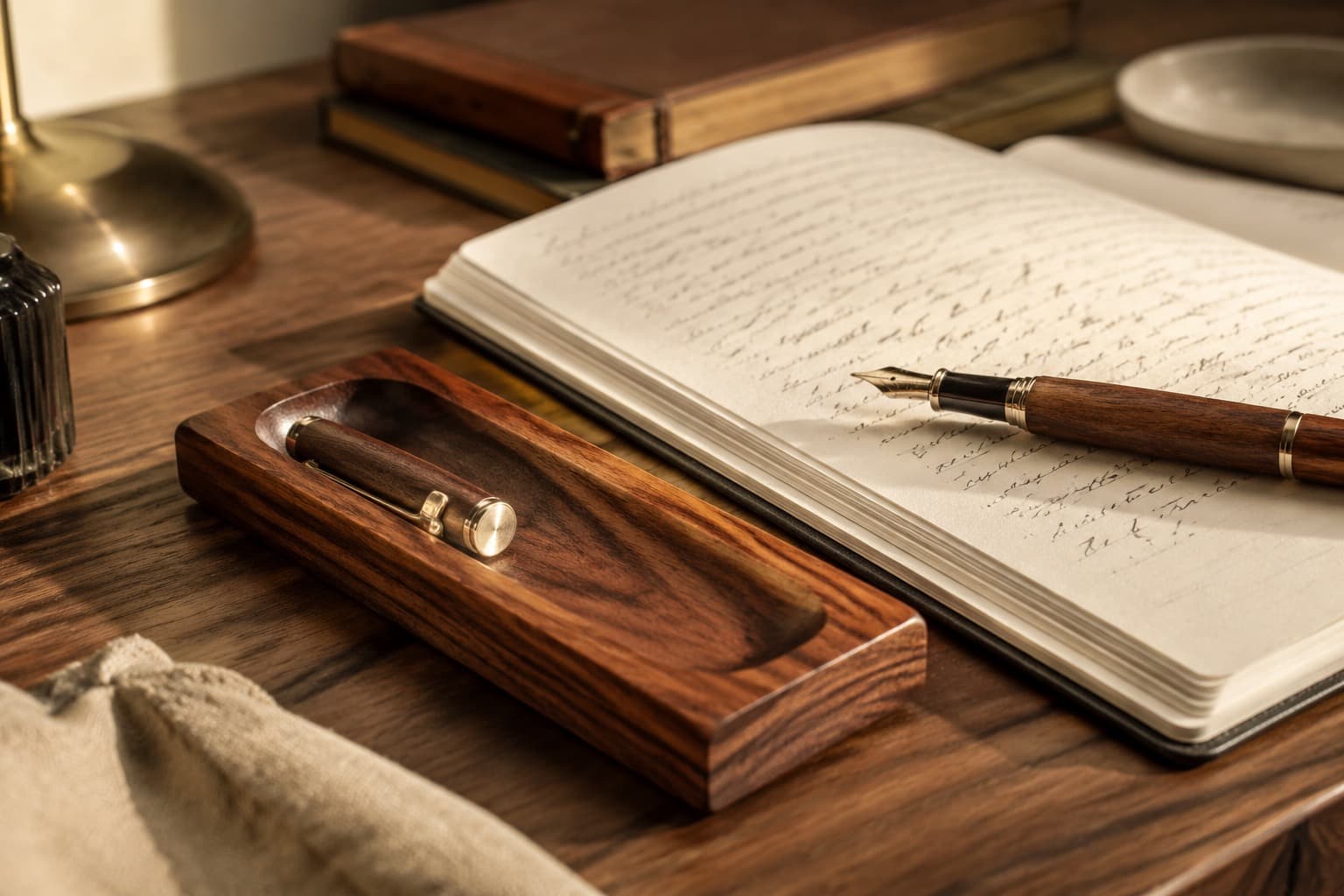 A writing desk with a walnut pen tray, an open notebook, and a fountain pen