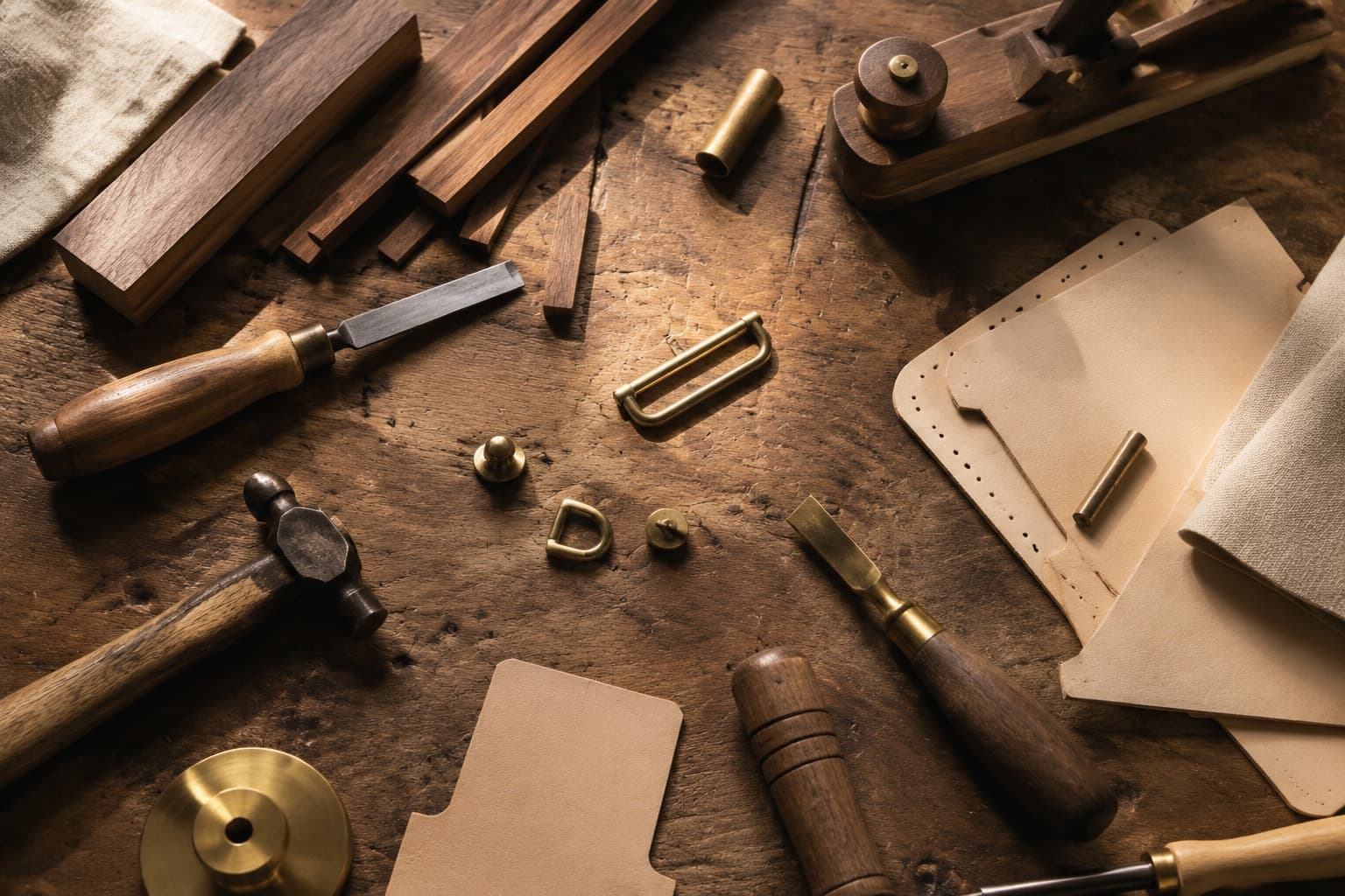 A maker's workbench with woodworking tools, brass fittings, and cut leather