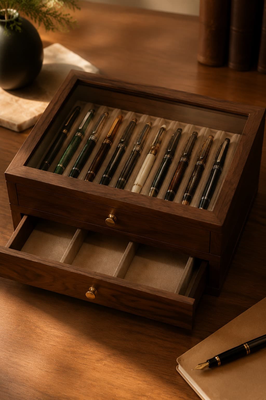 Two-tier walnut pen chest with a glass-top display tray of fountain pens above a drawer