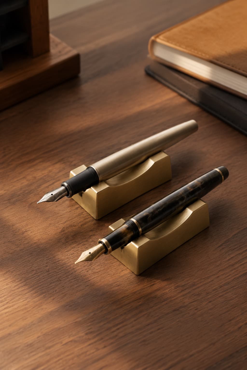 Pair of machined solid-brass pen rests cradling fountain pens on a desk