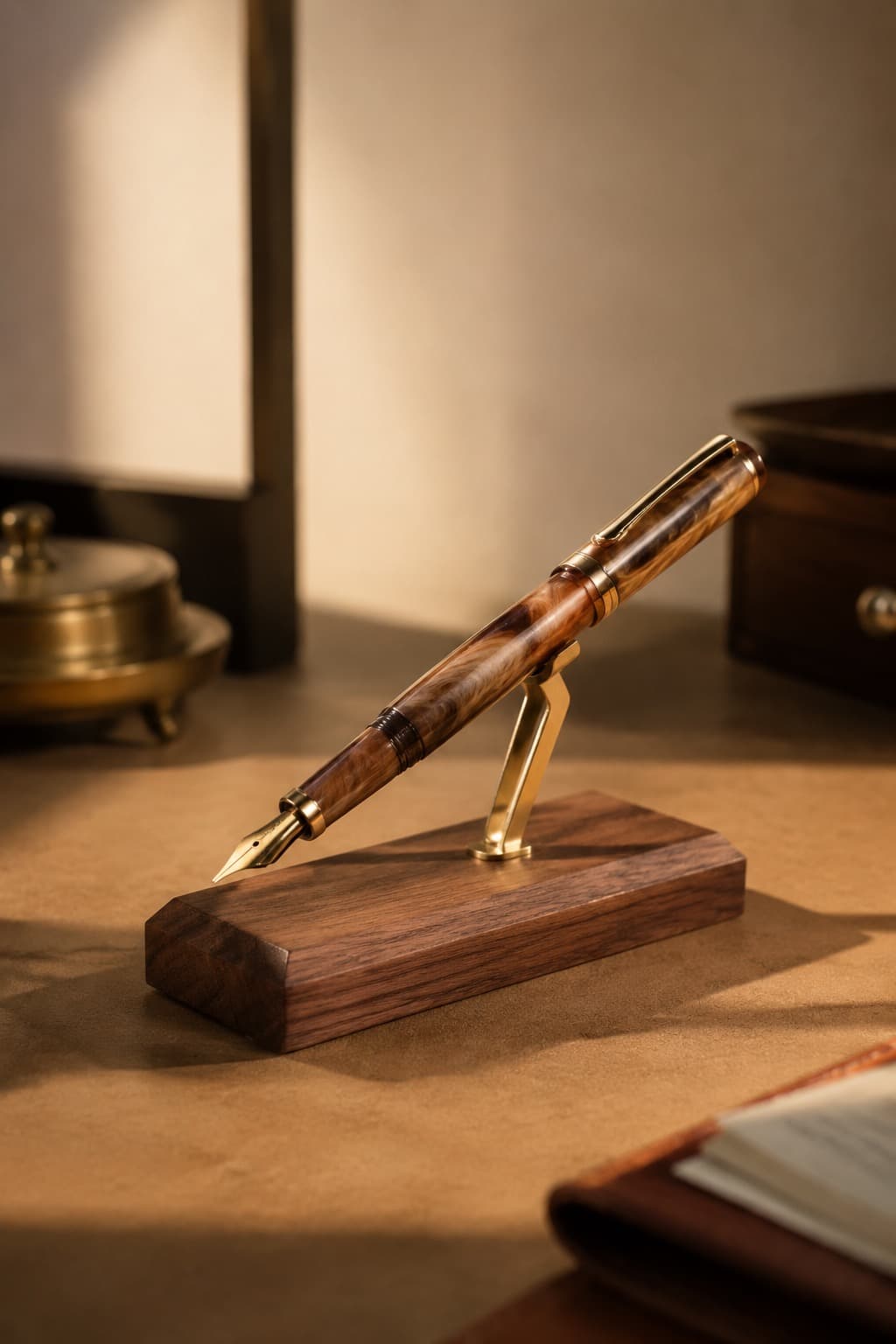 Brass and walnut single-pen display stand holding a fountain pen at an angle on a desk