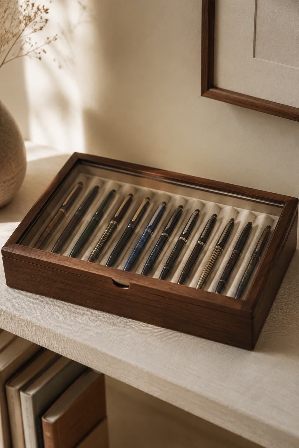 Walnut glass-top display box holding twelve fountain pens in felt-lined trenches