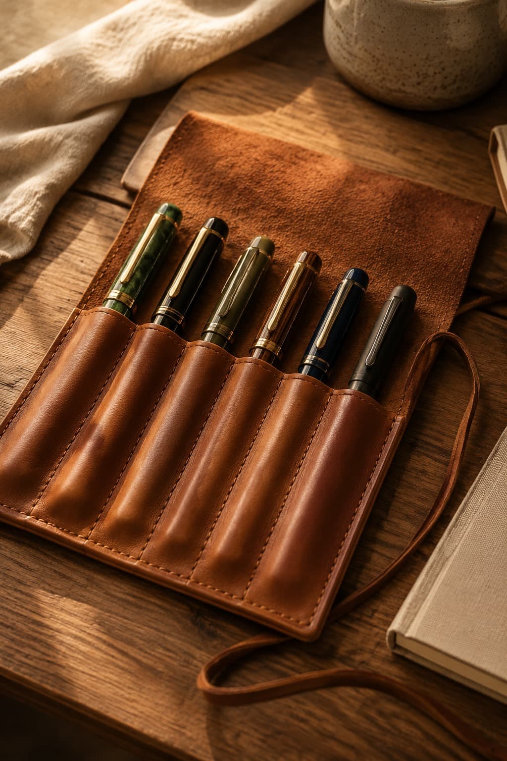 Cognac leather pen roll partly unrolled showing six fountain pens in their slots