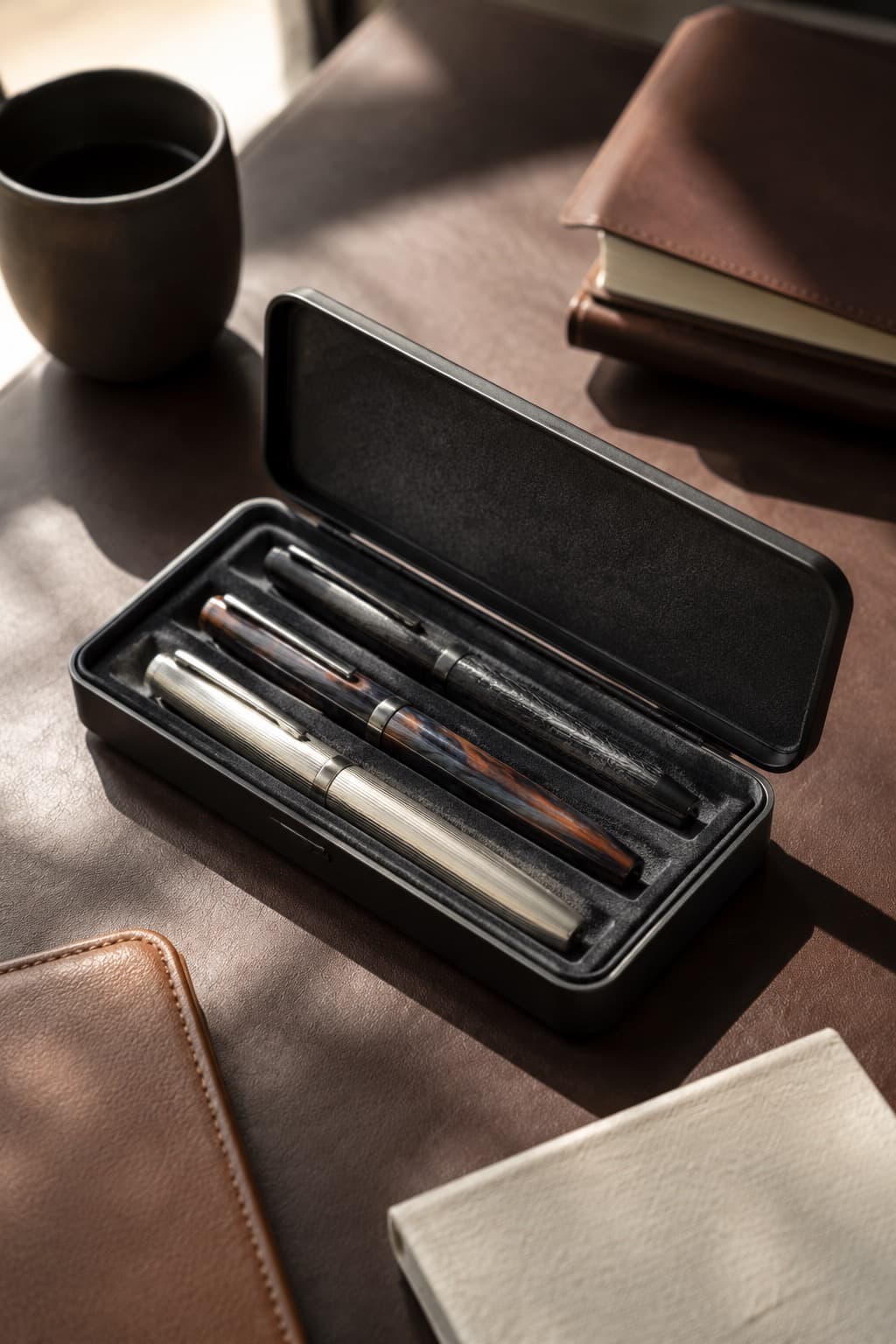 Slim aluminum and leather hard pen case open showing three fountain pens in felt channels