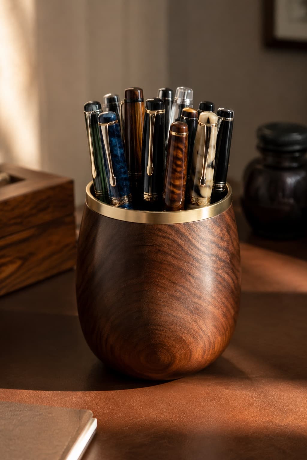 Turned solid walnut pen pot with a brass rim holding a dozen fountain pens upright on a desk